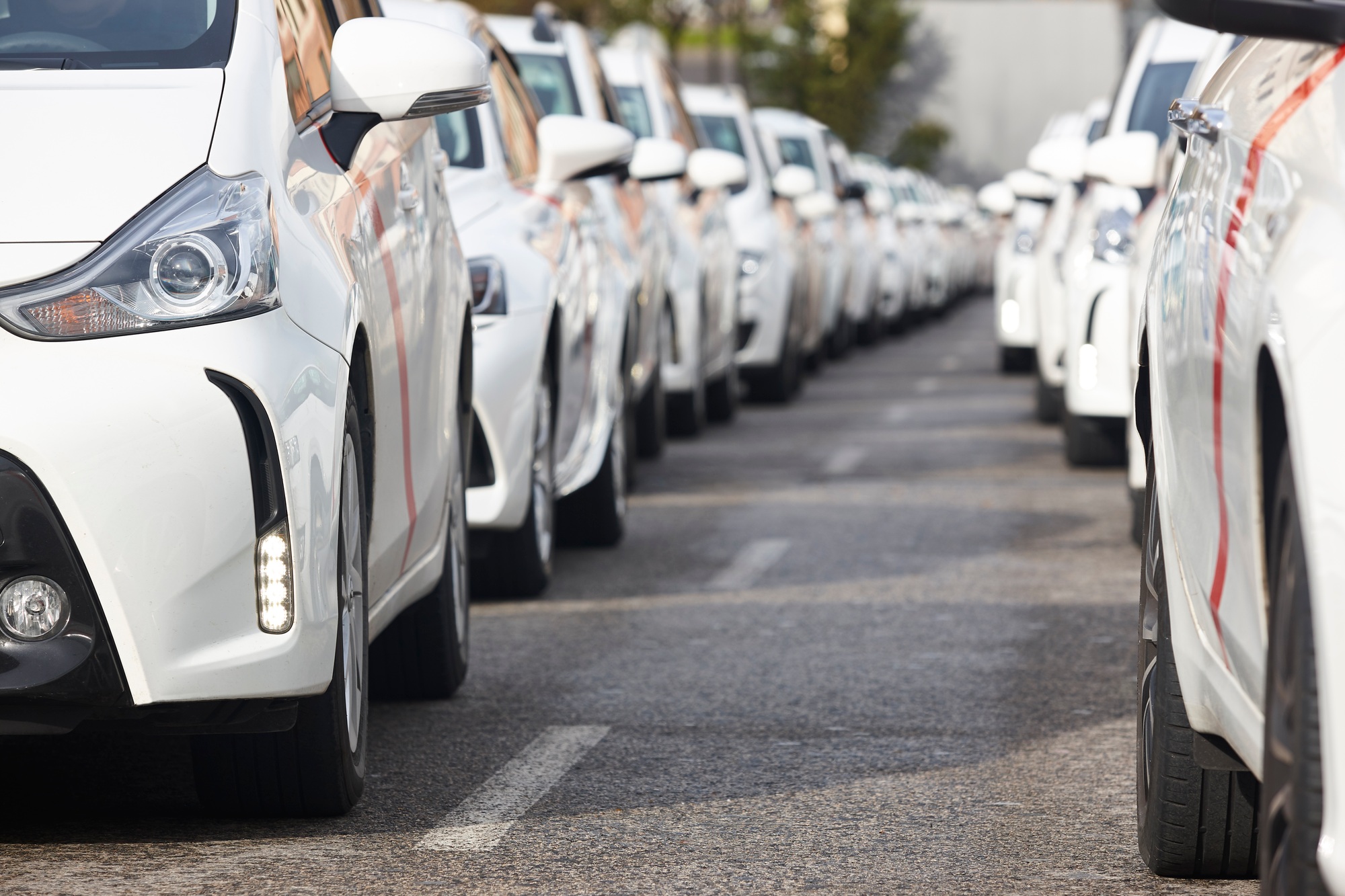 Urban city transportation. Cab vehicles in line. Taxi stop